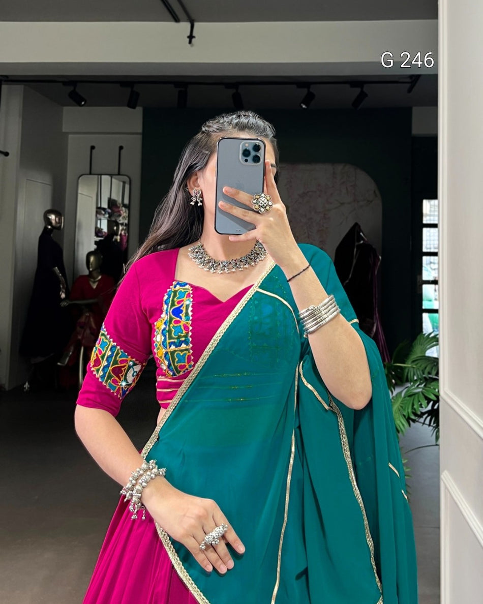 Gamthi Work Pure Rayon Lehenga with Embossed Design and Lace Touch Up – G 246 Pink