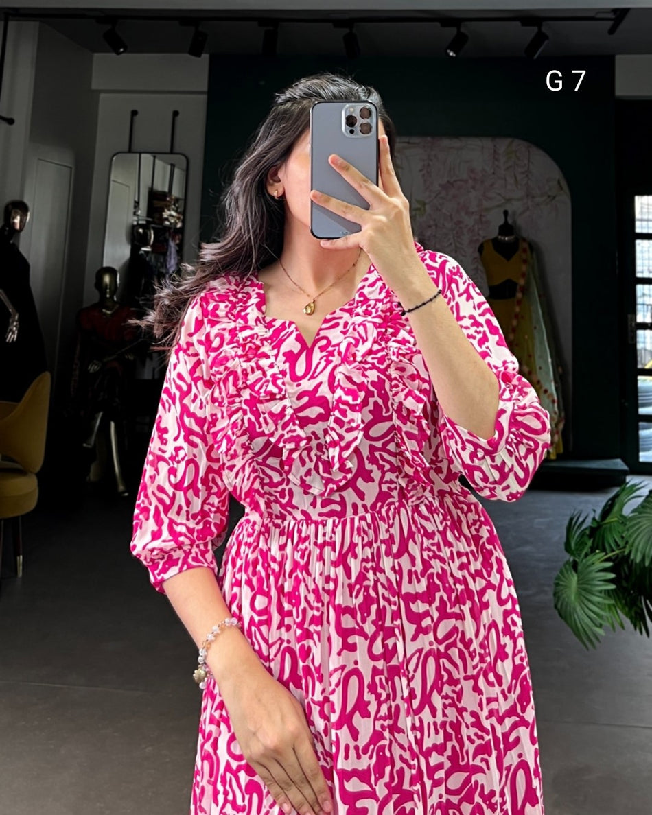 Pink Georgette Printed Frock with Adjustable Waist – G 7 Pink