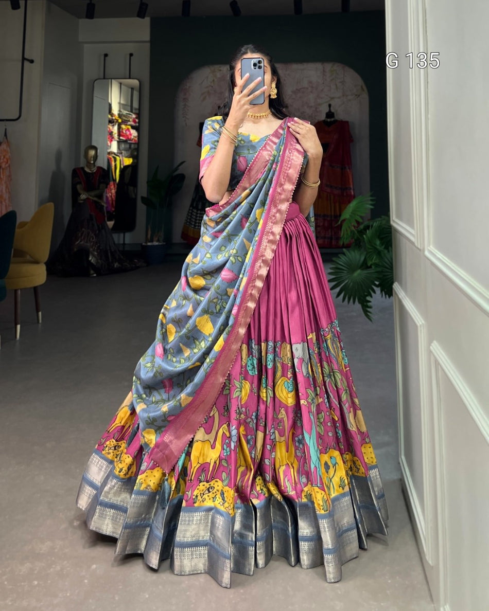 Dola Silk Kalamkari Printed Lehenga with Zari Weaving Border & Tassels – G 135 Pink
