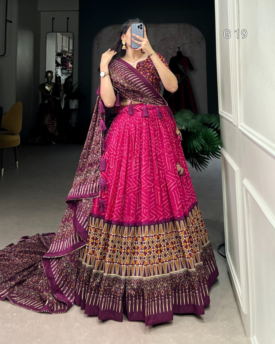 Pink Tasar Silk Lehenga with Bandhej & Ajarakh Print – G 19 Pink