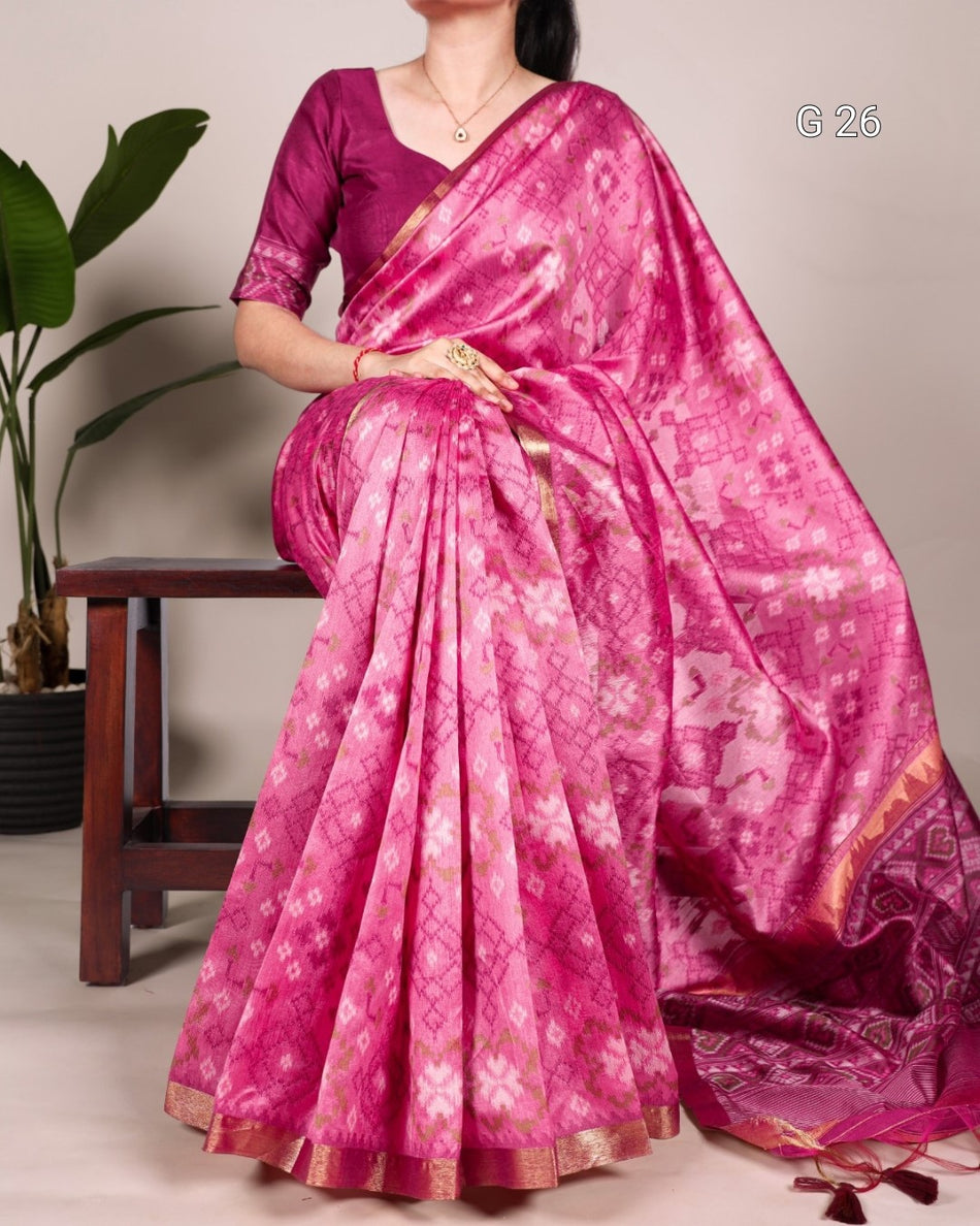 Patola Print Jacquard Silk Saree with Zari Weaving – G 26 Pink