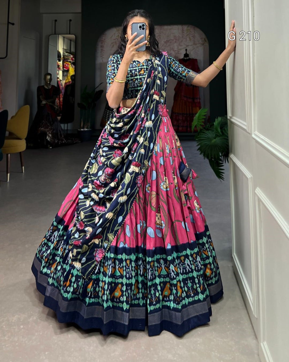 Pichwai Patola Print Tussar Silk Lehenga with Zari Weaving Border – G 210 Pink