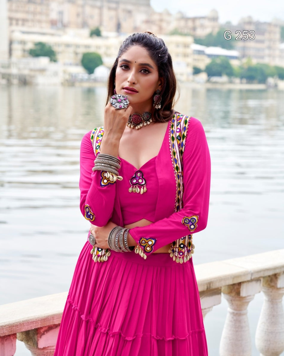 Plain Pure Rayon Lehenga with Original Mirror Gamthi Work – G 253 Pink