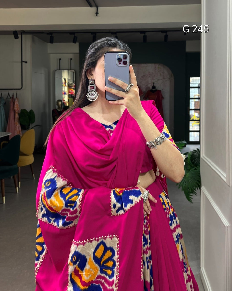 Plain and Printed Rayon Lehenga with Gota Patti & Cowrie Lace – G 245 Pink