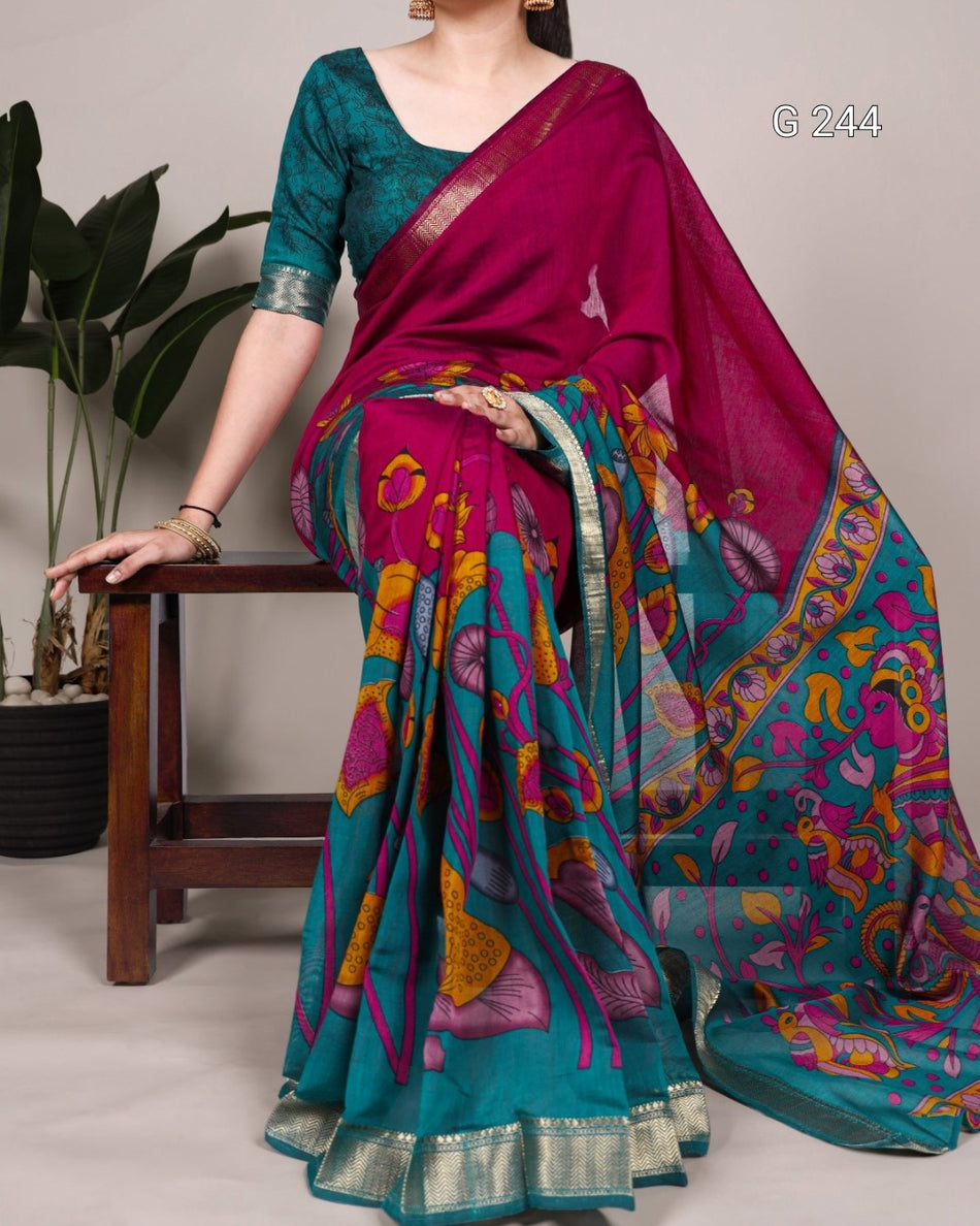 Traditional Floral Printed Polyester Viscose Chanderi Saree with Zari Weaving – G 244