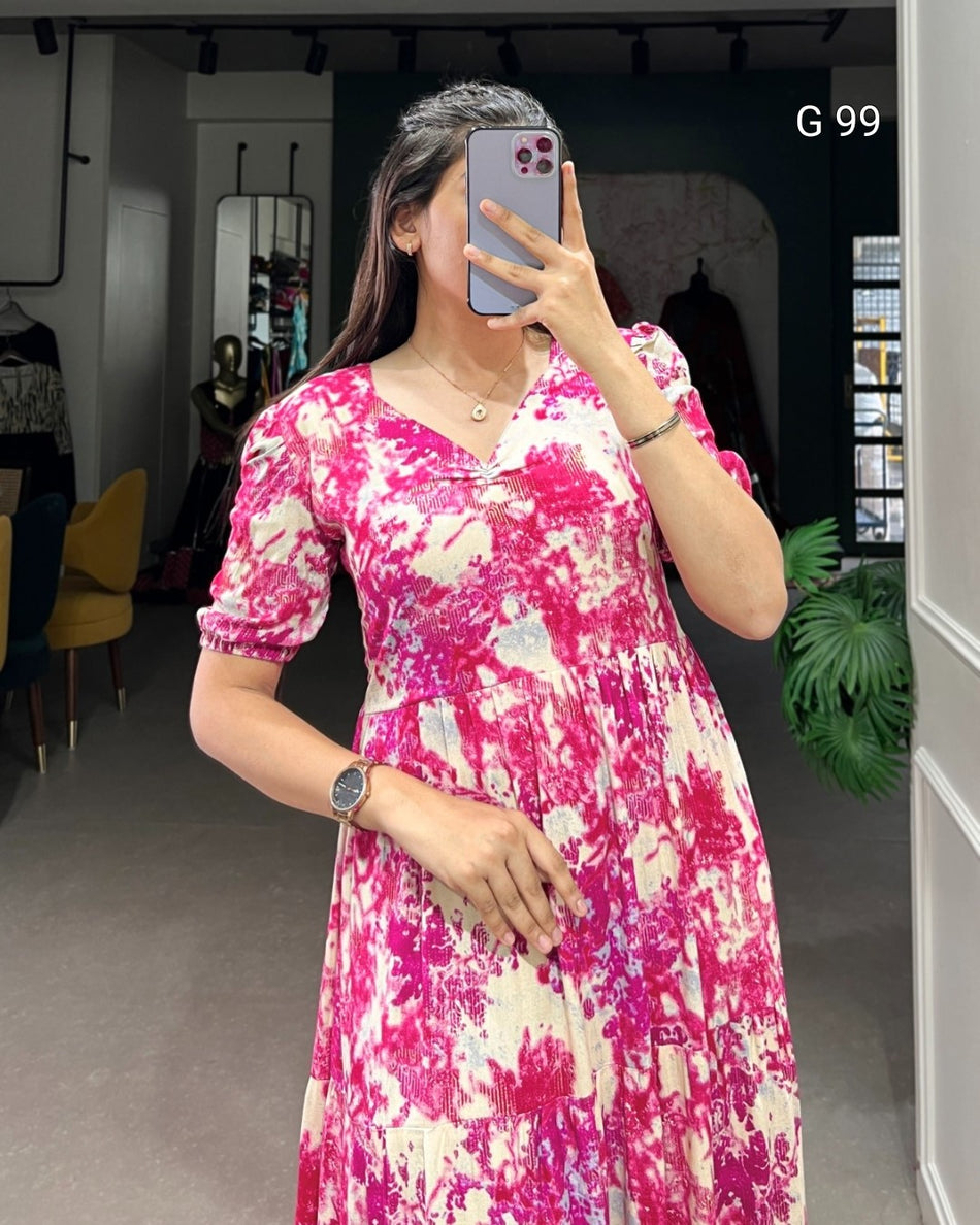 Rayon Frock with Printed Design & Foil Work – G 99 Pink