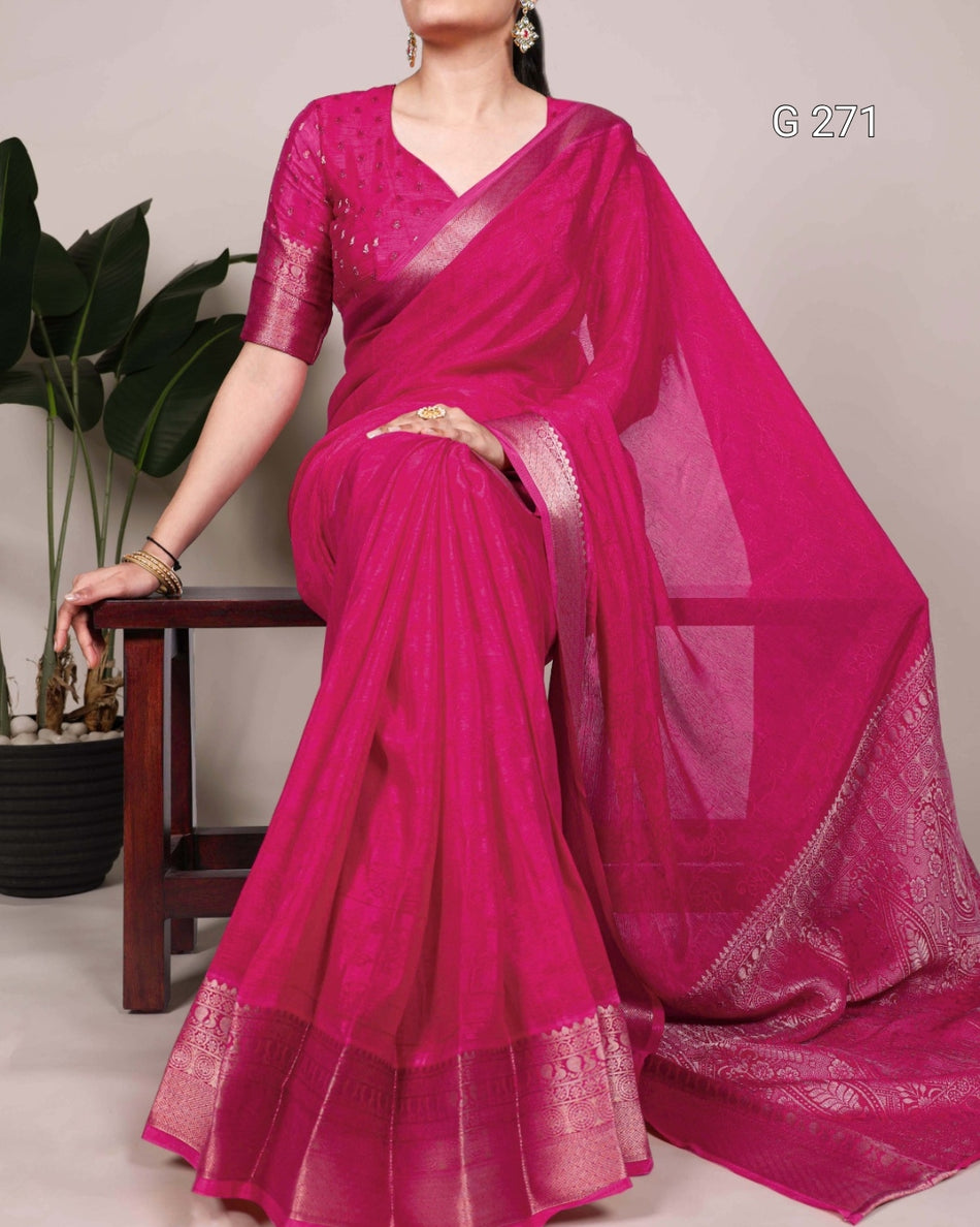 Self Printed Chinon Saree with Zari Weaving – G 271 Pink