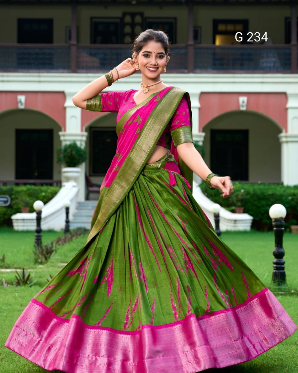 Shibori Print Dola Silk Lehenga with Zari Weaving Border – G 234 Pink