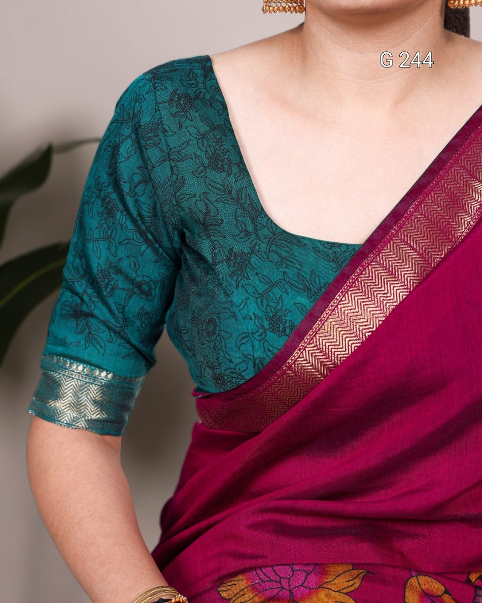 Traditional Floral Printed Polyester Viscose Chanderi Saree with Zari Weaving – G 244 Pink