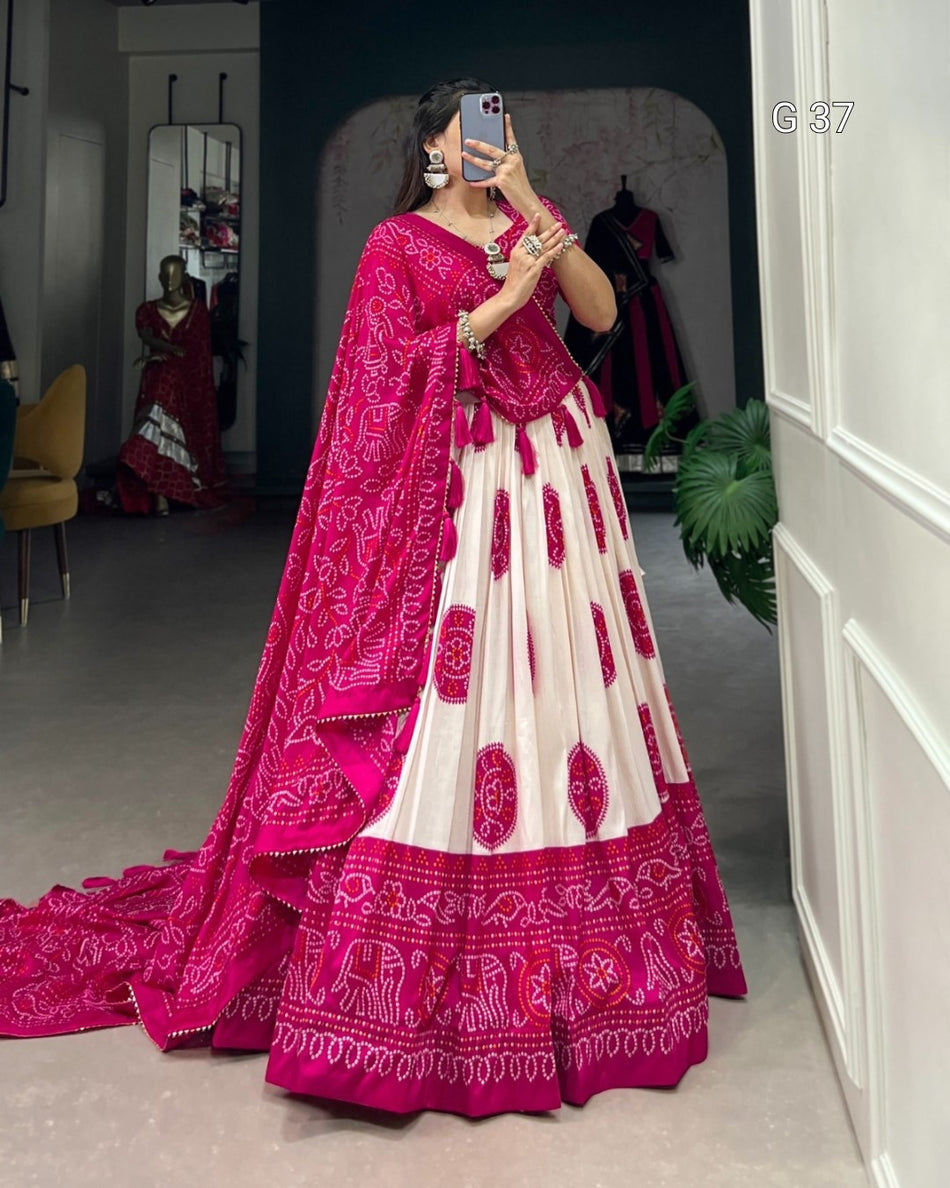 Tussar Silk Bandhej Print Lehenga with Gotta Patti Lace & Tassels – G 37 Pink