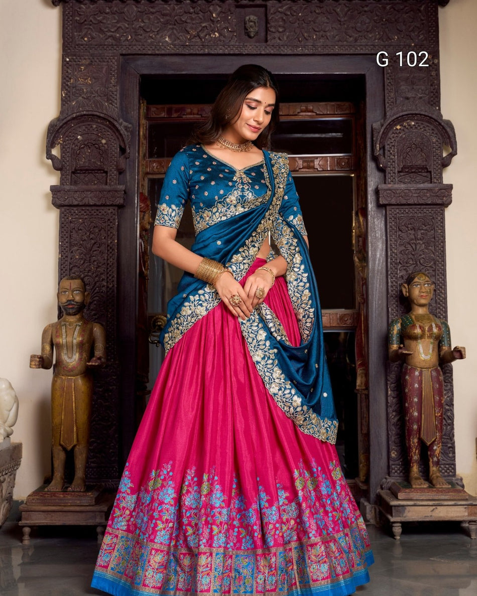 Tussar Silk Lehenga with Printed Design & Foil Work – G 102 Pink
