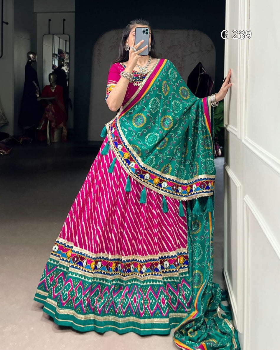 Leheriya Tussar Silk Lehenga with Patola Print Border & Mirror Gamthi Work – G 289 Pink