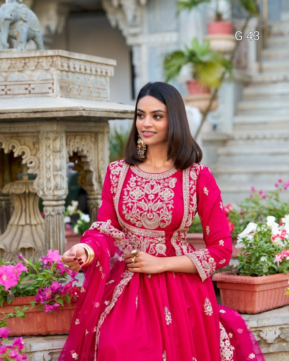 Pink Vichitra Silk Gown with Sequins & Thread Embroidery – Stitched Gown with Sequins Butties Dupatta - G 43 Pink