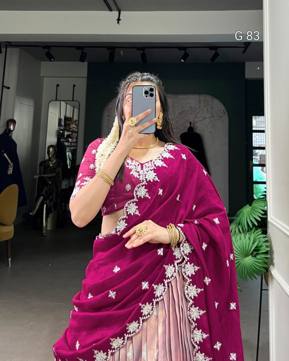 Zari Kota Lehenga with Sequins & Thread Embroidery Scallop Lace Border – G 83 Pink