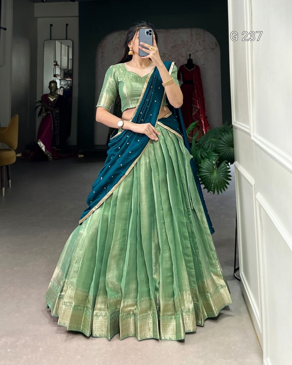 Zari Weaving Kanchipuram Lehenga with Vichitra Silk Dupatta – G 237 Pista