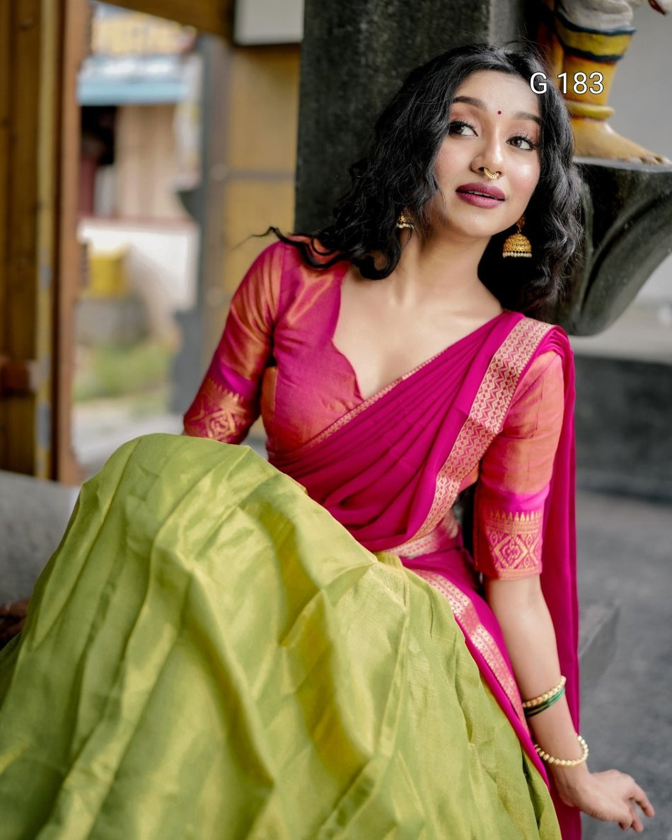 Pista Kanchipuram Lehenga with Zari Weaving Work & Lace Border Dupatta – G 183 Pista