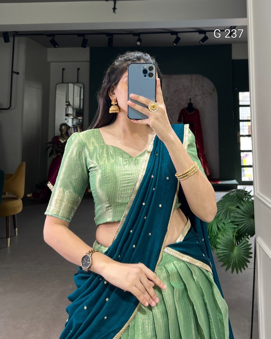 Zari Weaving Kanchipuram Lehenga with Vichitra Silk Dupatta – G 237 Pista