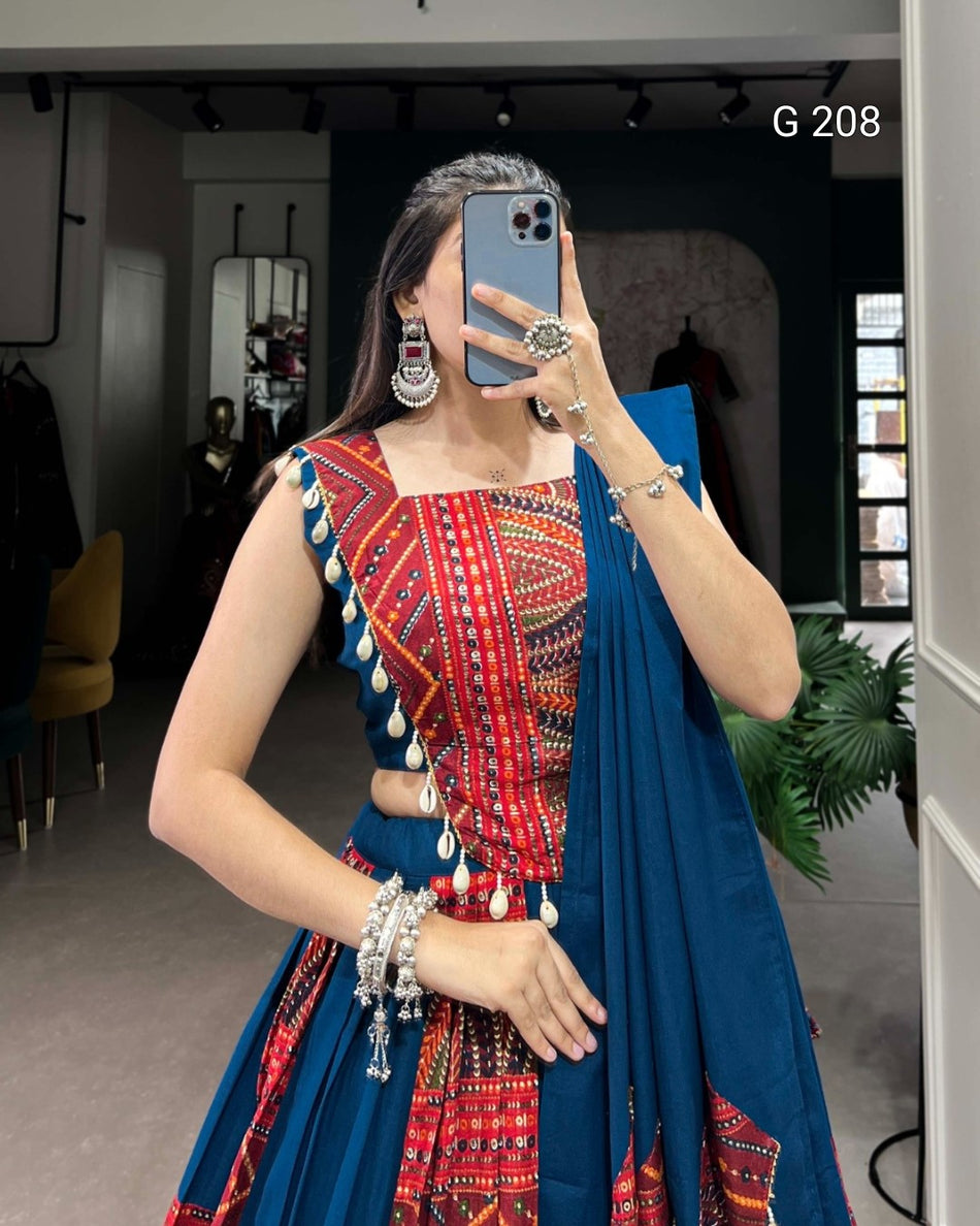 Plain and Printed Pure Cotton Lehenga with Foil Work and Cowrie Lace – G 208 Blue