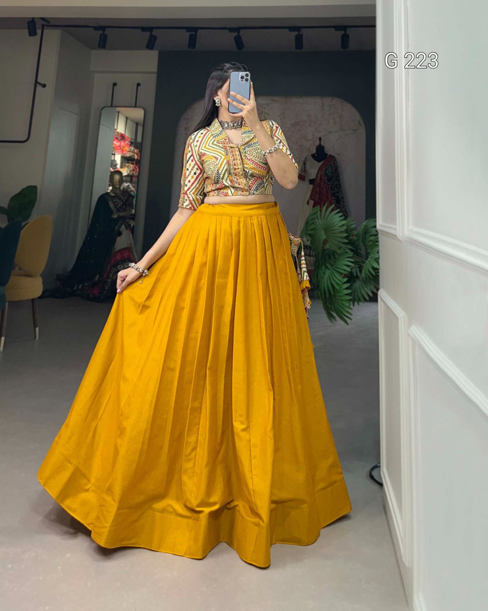 Plain Cotton Lehenga with Printed Blouse – G 223 Mustard