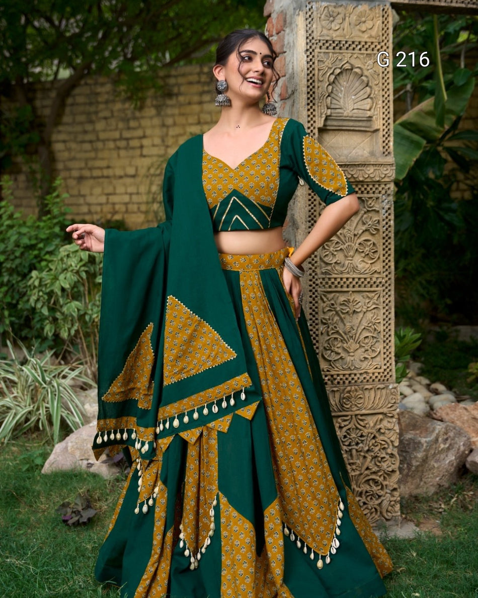 Plain and Printed Pure Cotton Lehenga with Cowrie Lace Touch Up – G 216 Green