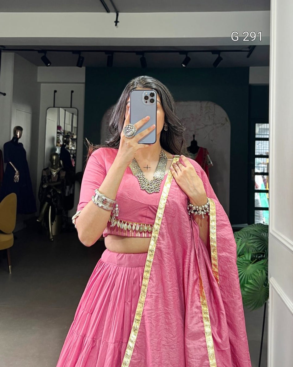 Plain Pure Chanderi Lehenga with Cowrie Lace Blouse & Embossed Dupatta – G 291 Light Pink
