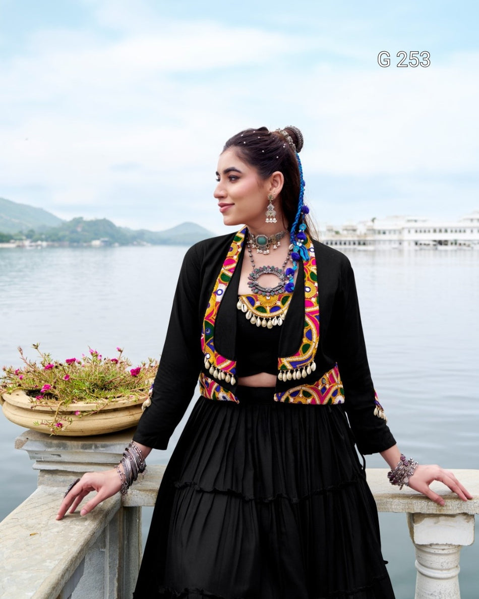 Plain Pure Rayon Lehenga with Original Mirror Gamthi Work – G 253 Black