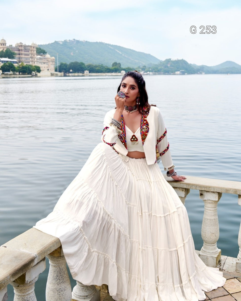 Plain Pure Rayon Lehenga with Original Mirror Gamthi Work – G 253 White