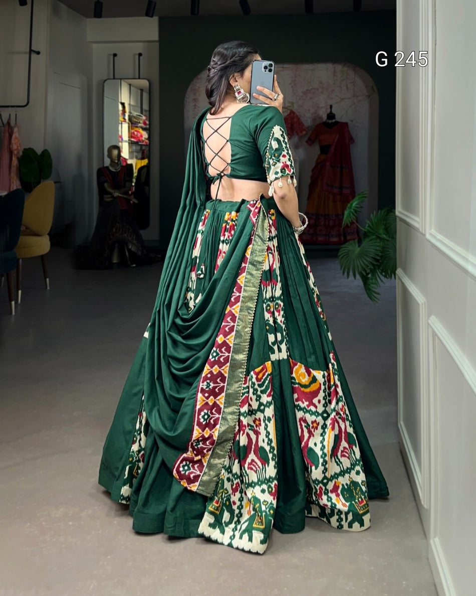 Plain and Printed Rayon Lehenga with Gota Patti & Cowrie Lace – G 245 Green