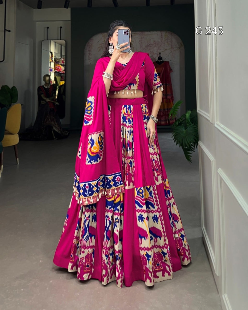 Plain and Printed Rayon Lehenga with Gota Patti & Cowrie Lace – G 245 Pink
