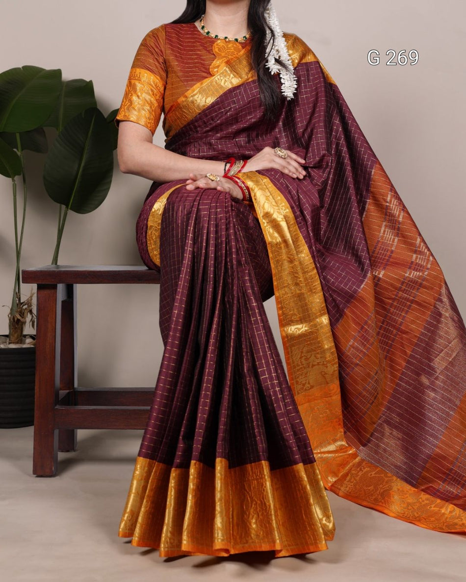 Chex Pattern Poly Cotton Saree with Zari Weaving – G 269 Brown
