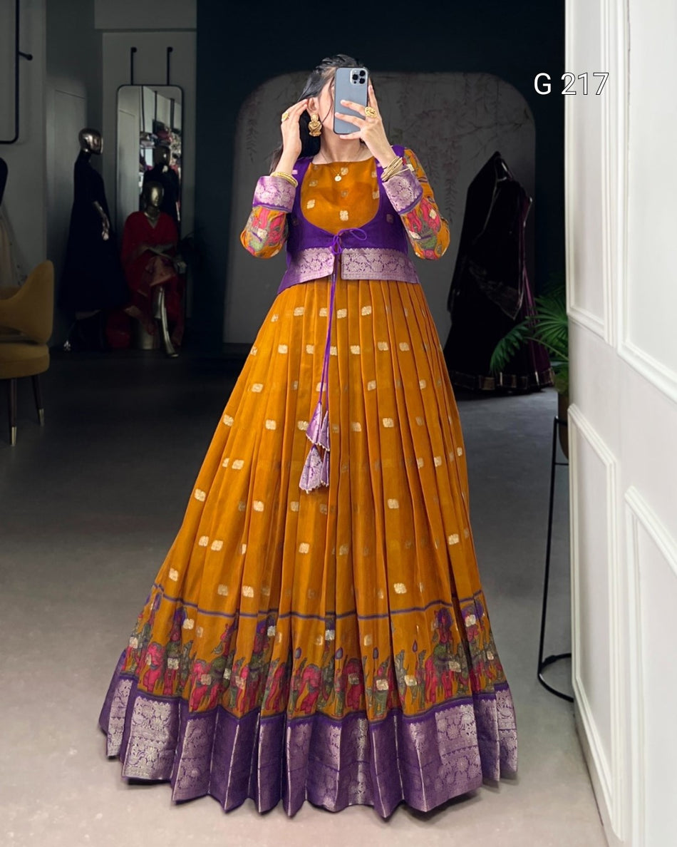 Kalamkari Print Poly Cotton Gown with Zari Weaving Work Border – G 217