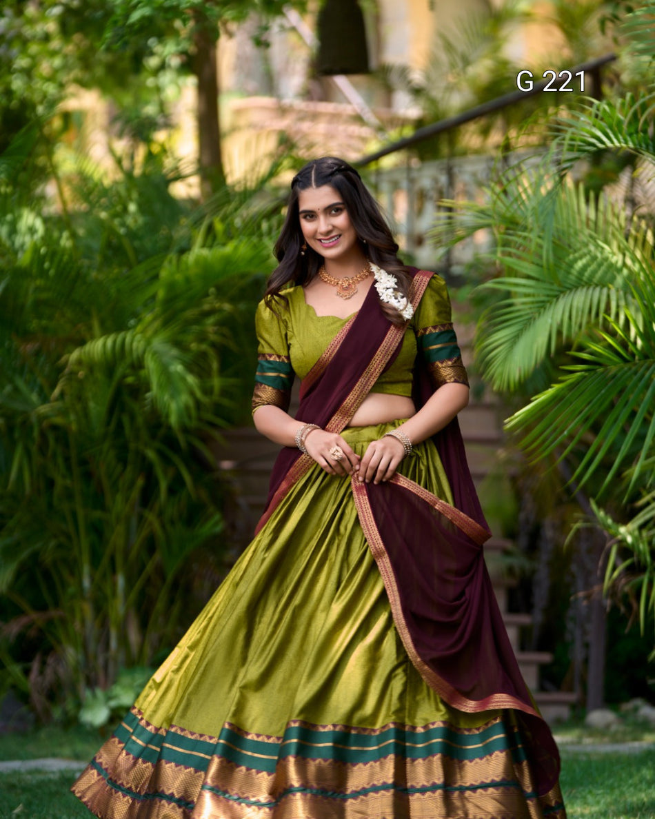 Zari Weaving Poly Cotton Lehenga with Georgette Dupatta – G 221 Olive Green