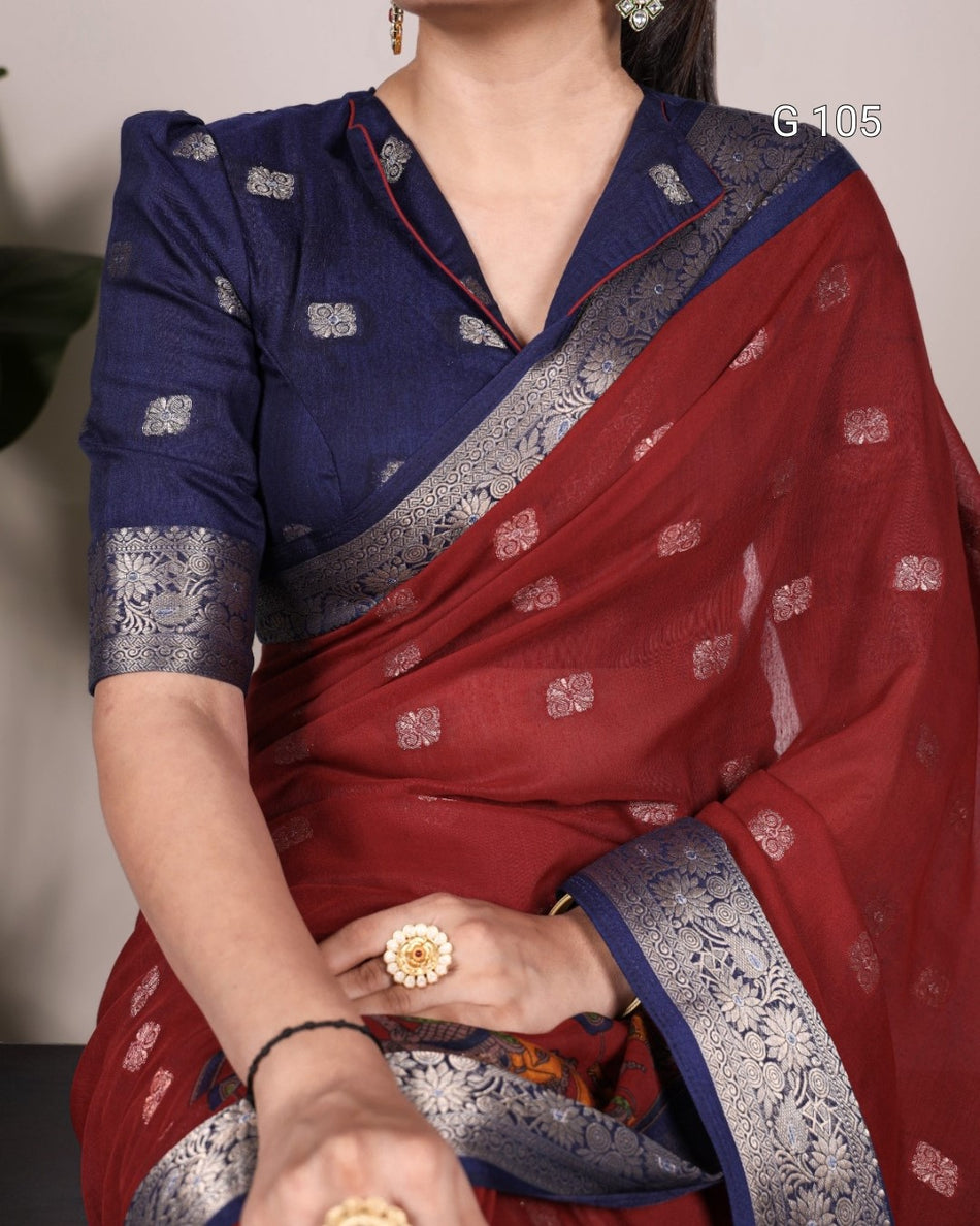 Poly Cotton Saree with Kalamkari Print & Zari Weaving Work – G105