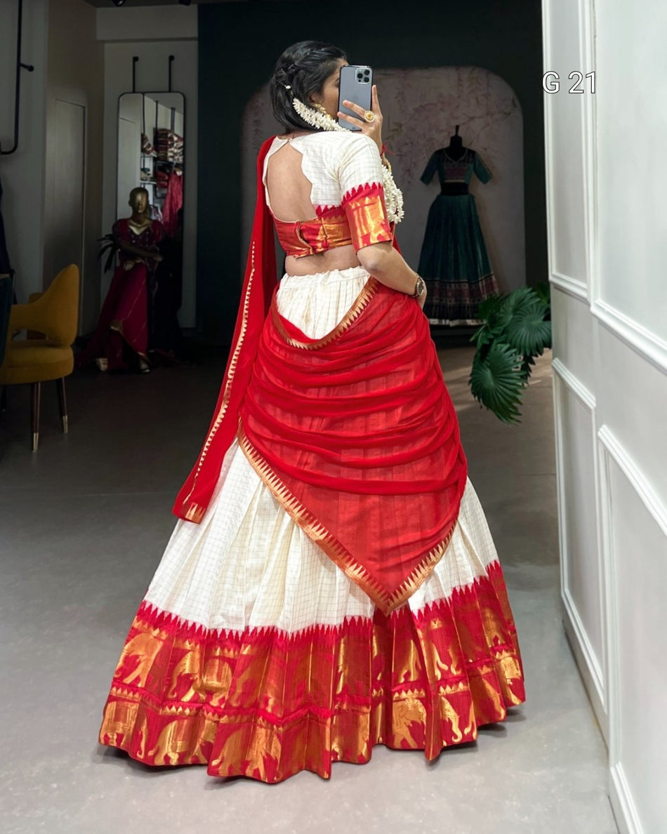 Red Poly Cotton Lehenga with Chex & Zari Weaving Work – G 21 Red