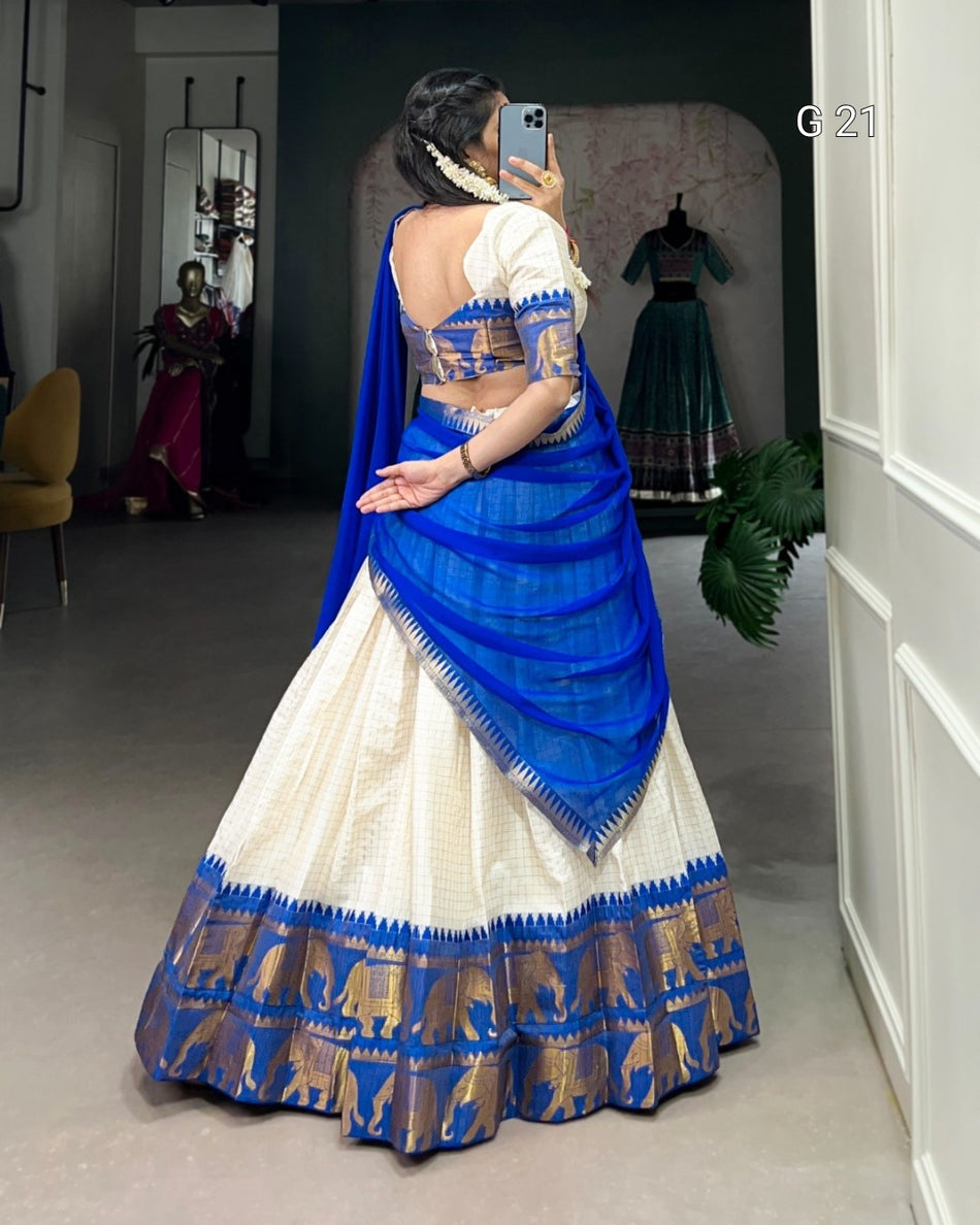 Royal Blue Poly Cotton Lehenga with Chex & Zari Weaving Work – Stitched Blouse and Georgette Dupatta - G 21 Royal Blue