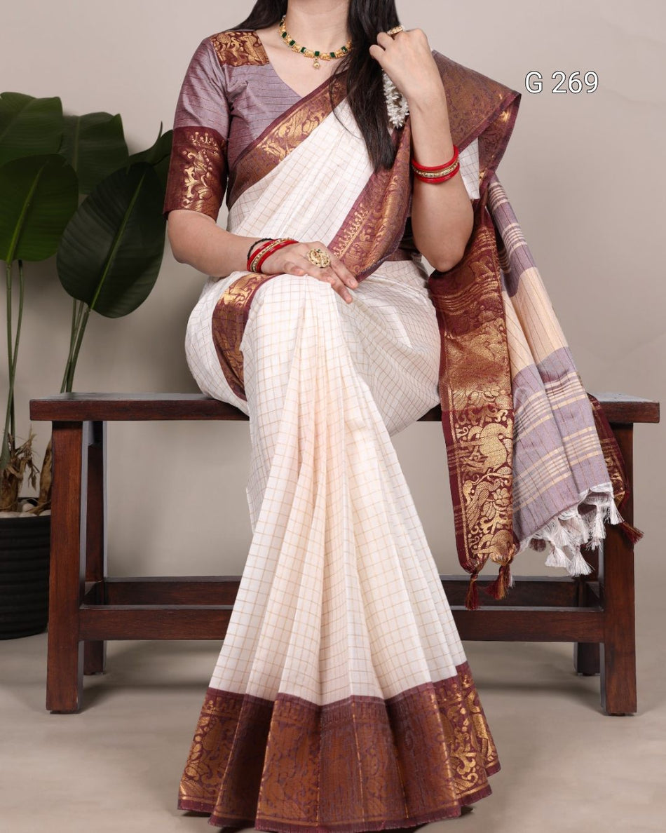 Chex Pattern Poly Cotton Saree with Zari Weaving – G 269 White