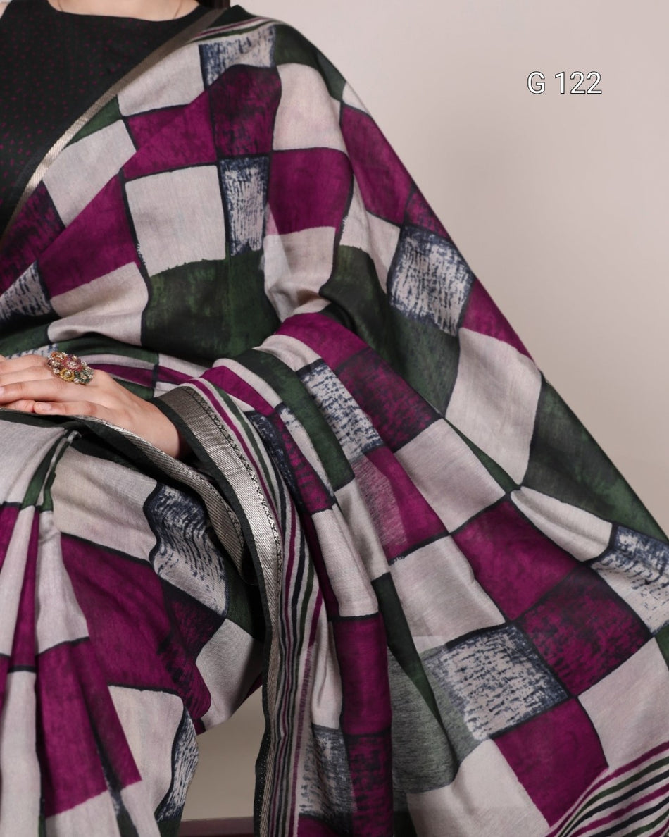 Printed Polyester Viscose Chanderi Saree with Temple Border – G 122