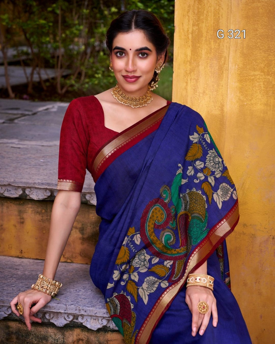 Polyester Viscose Chanderi Saree with Kalamkari & Zari Work – G 321