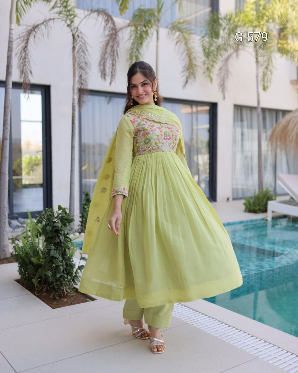 Elegant Mal Chanderi Gown with Cutwork Lace -  G 579