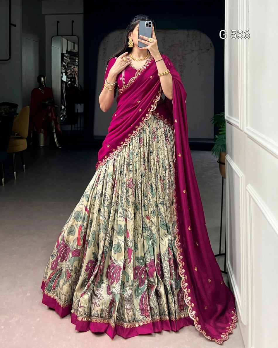 Kalamkari Tasar Silk Lehenga with Embroidered Dupatta - G 536