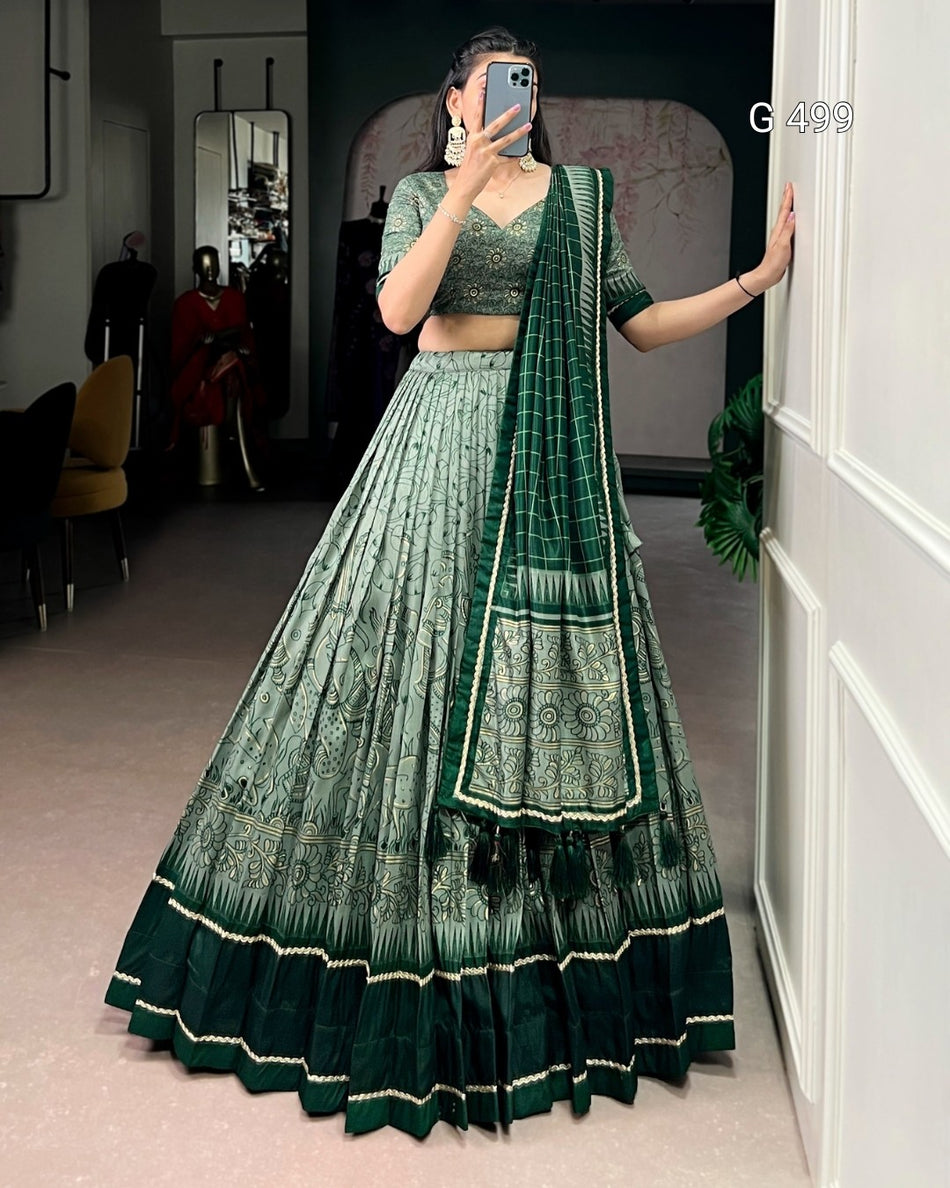 Designer Kalamkari Tasar Lehenga with Elegant Borders - G 499