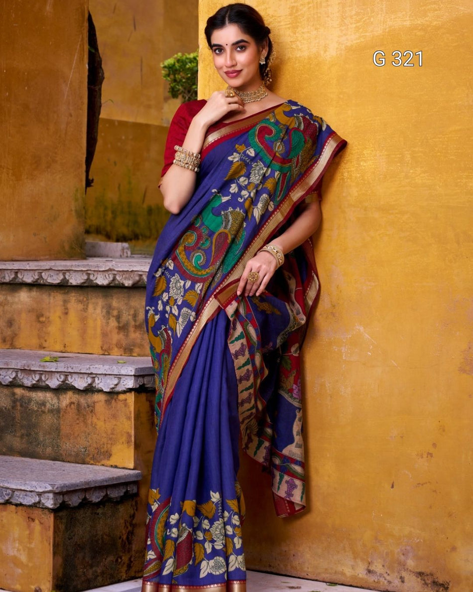 Polyester Viscose Chanderi Saree with Kalamkari & Zari Work – G 321