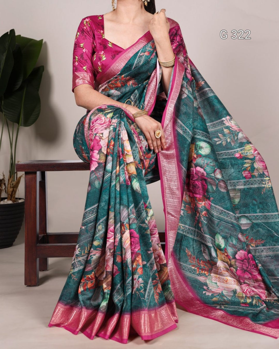 Tussar Silk Saree with Viscose Border & Printed Work – G 322