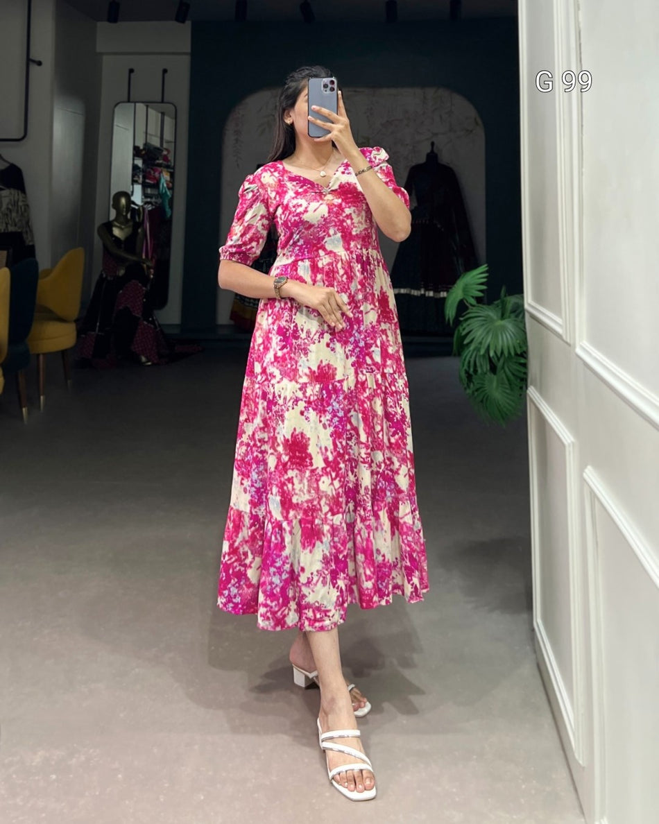 Rayon Frock with Printed Design & Foil Work – G 99 Pink