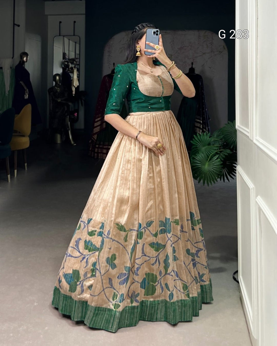 Printed Green Silk Gown with Sequins & Thread Embroidery Koti – G 283