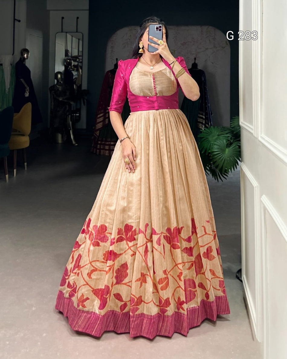 Printed Green Silk Gown with Sequins & Thread Embroidery Koti – G 283