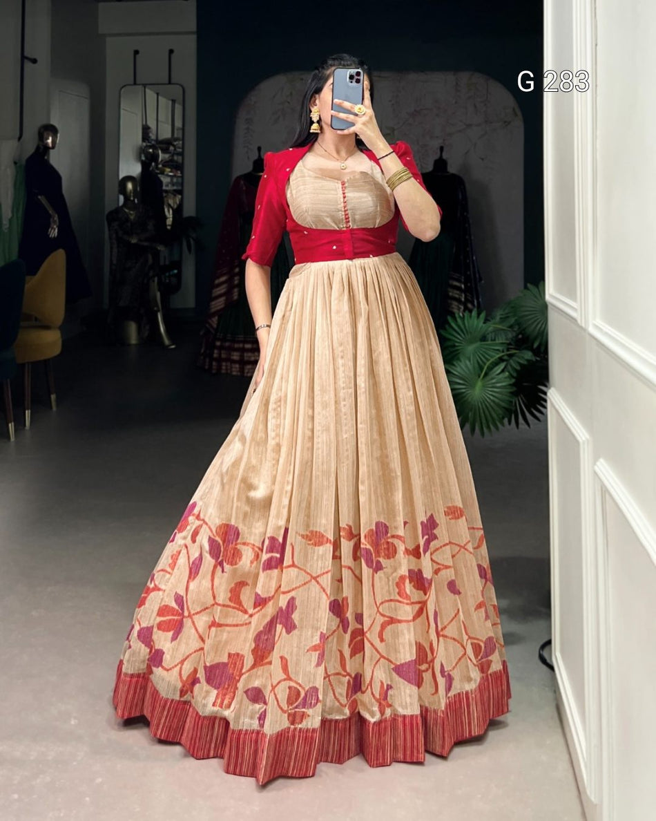 Printed Green Silk Gown with Sequins & Thread Embroidery Koti – G 283