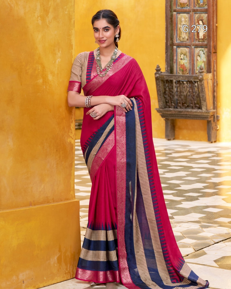 Poly Cotton Saree with Printed Zari Work Blouse – G 279