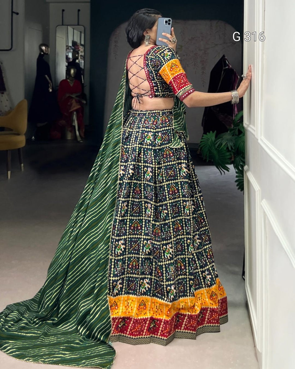 Printed Cotton Lehenga with Foil Work & Paper Mirror Dupatta – G 316