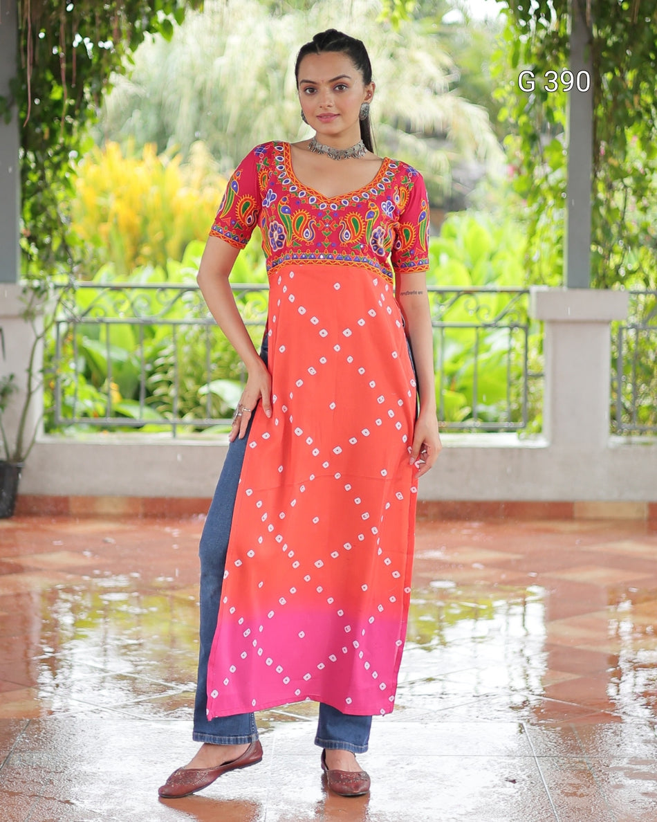 Printed Reyon Kurti with Kutchi Gamthi Work – G 390